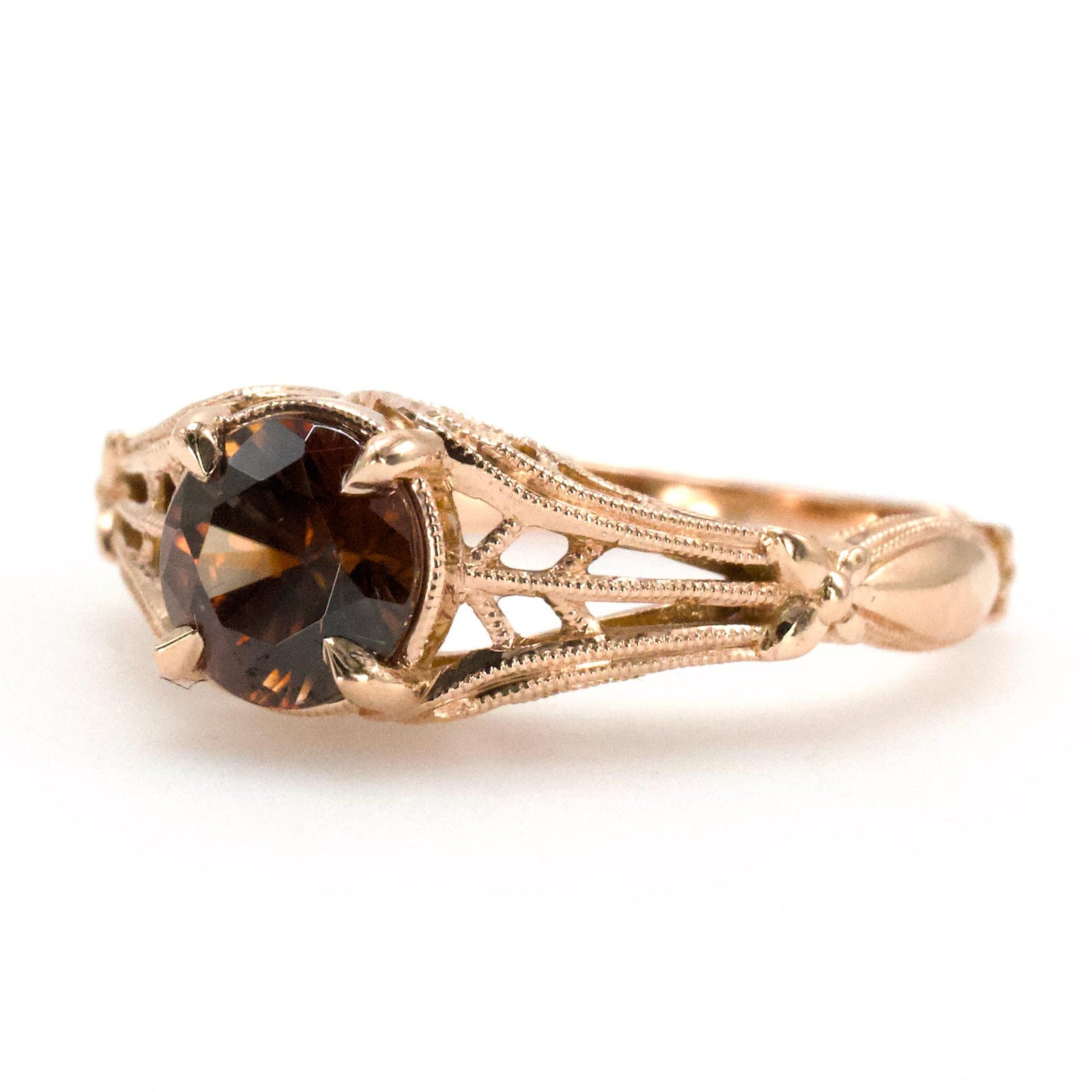 Edwardian Style 14K Rose Gold Solitaire with 0.90 Carat Orange-Brown Zircon
