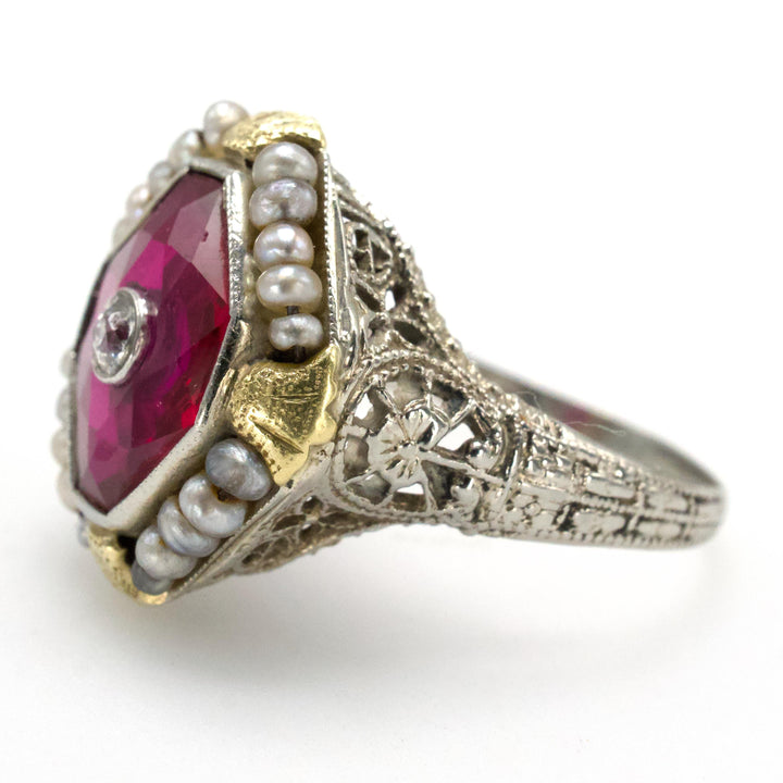 Art Deco Two-Tone Gold Filigree Ring with Lozenge Cut Ruby and Inset Diamond