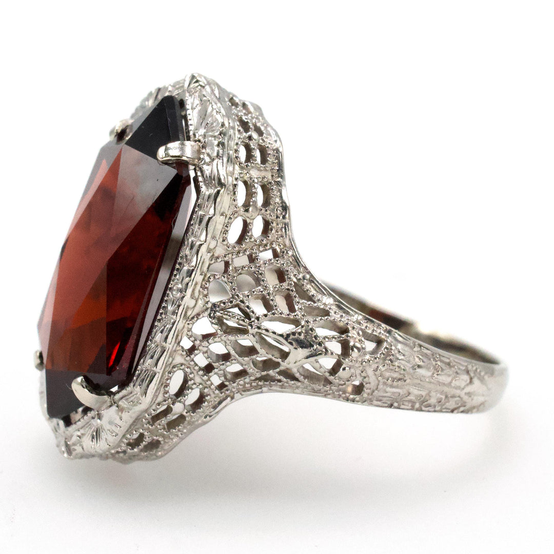 Art Deco 5.28 Carat Lozenge Cut Almandine Garnet Filigree Ring