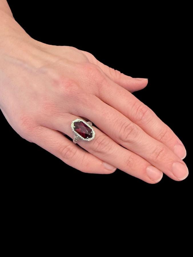 Art Deco 5.28 Carat Lozenge Cut Almandine Garnet Filigree Ring