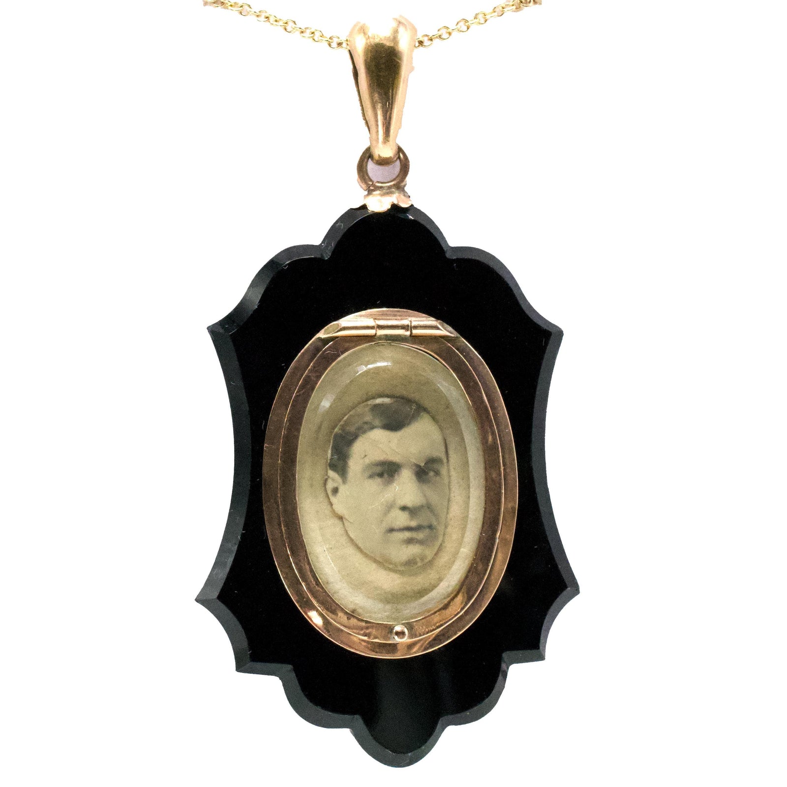 Victorian Shield Shaped Mourning Locket Pendant of Onyx, Gold, Seed Pearl, and Diamond