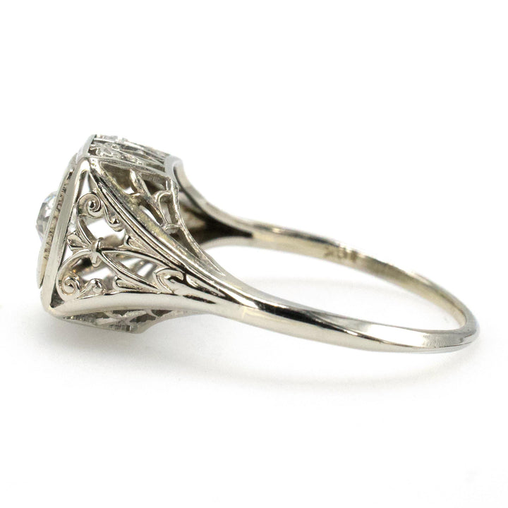 Art Deco Filigreed Solitaire Engagement Ring with 0.17 Carat European Cut Diamond