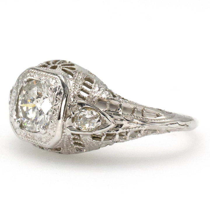 Art Deco Diamond Accented Filigree Solitaire Engagement Ring