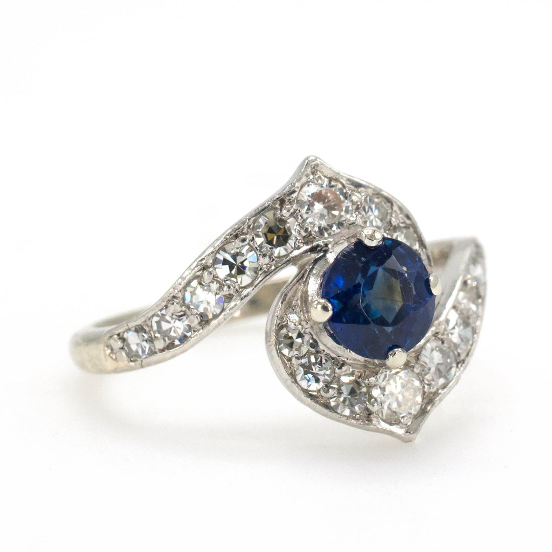 Vintage Sapphire and Single Cut Diamond Bypass Ring