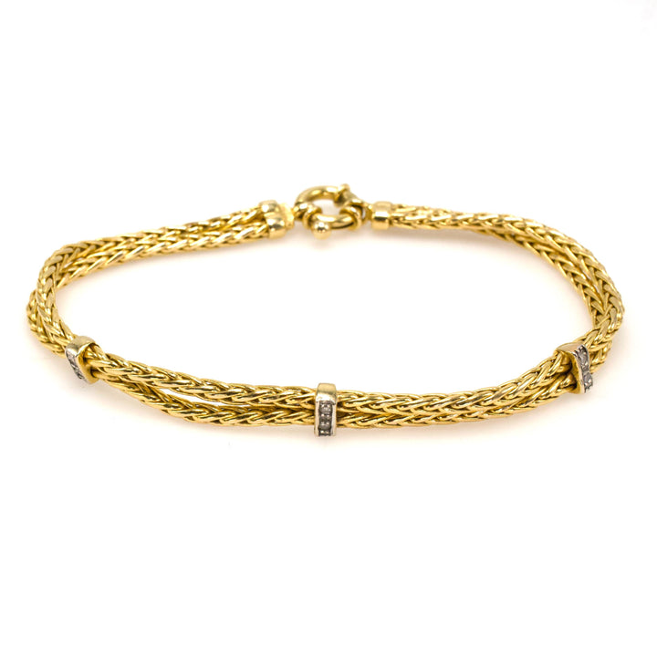 H.W. Burdick Co. - 14K Italian Gold Double Wheat Chain Bracelet with Diamond Stations