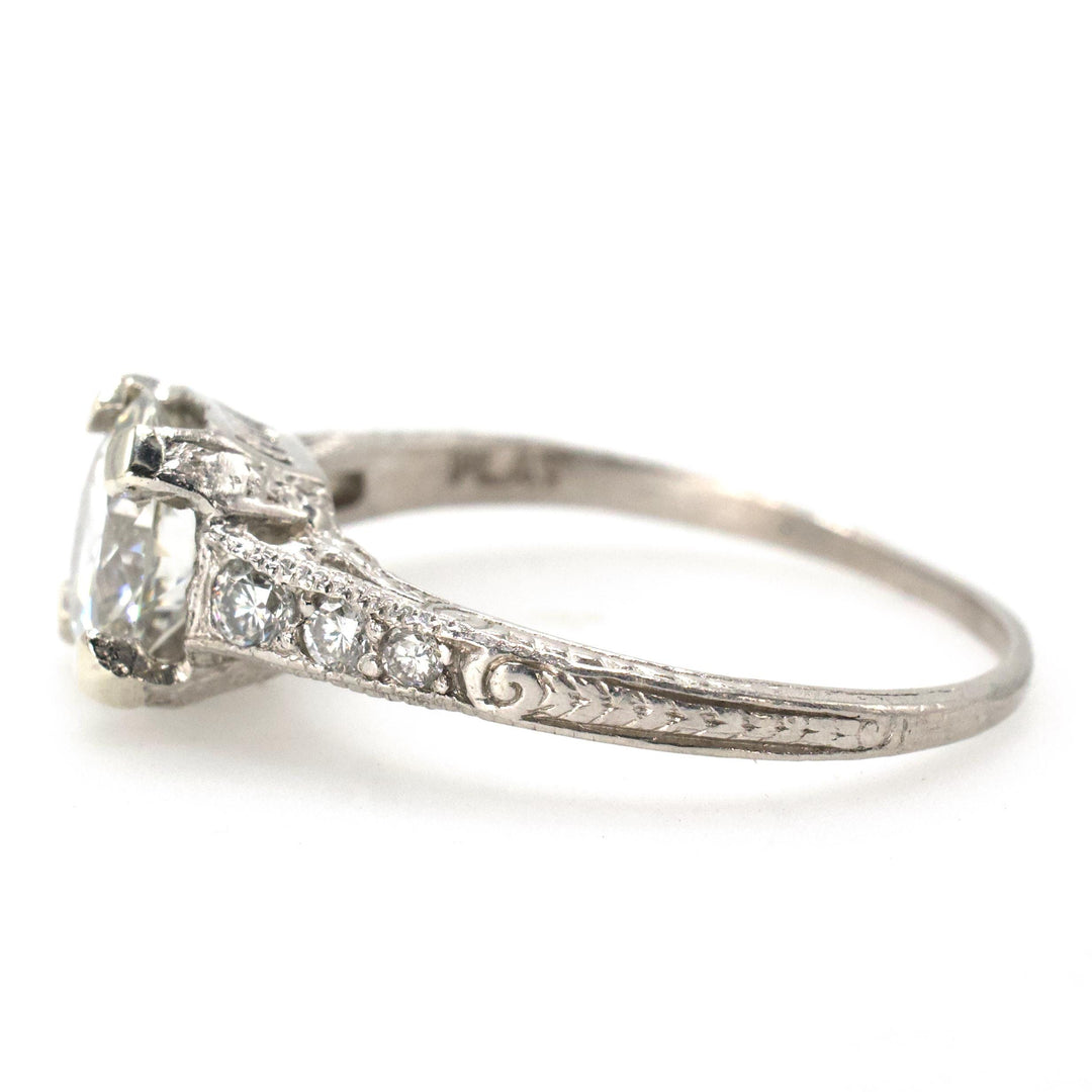 Art Deco Diamond Accented Platinum Solitaire with 1.20 Carat Transition Cut Diamond
