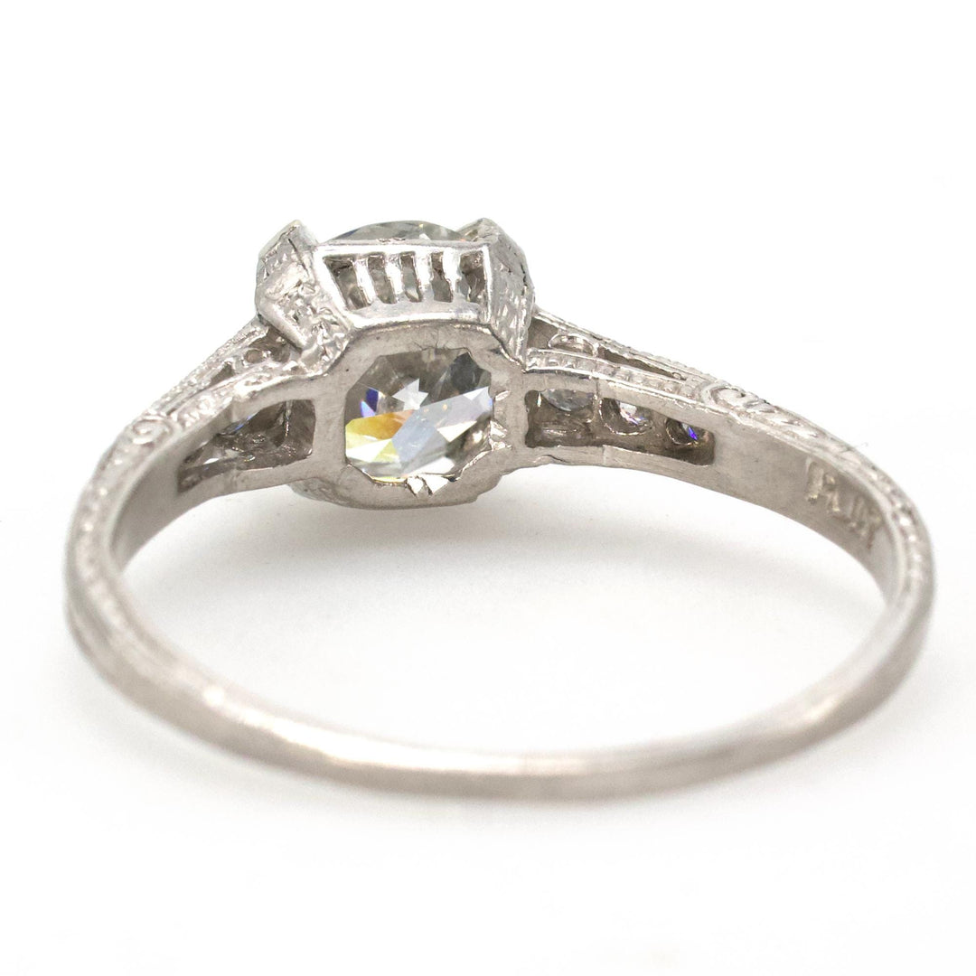 Art Deco Diamond Accented Platinum Solitaire with 1.20 Carat Transition Cut Diamond