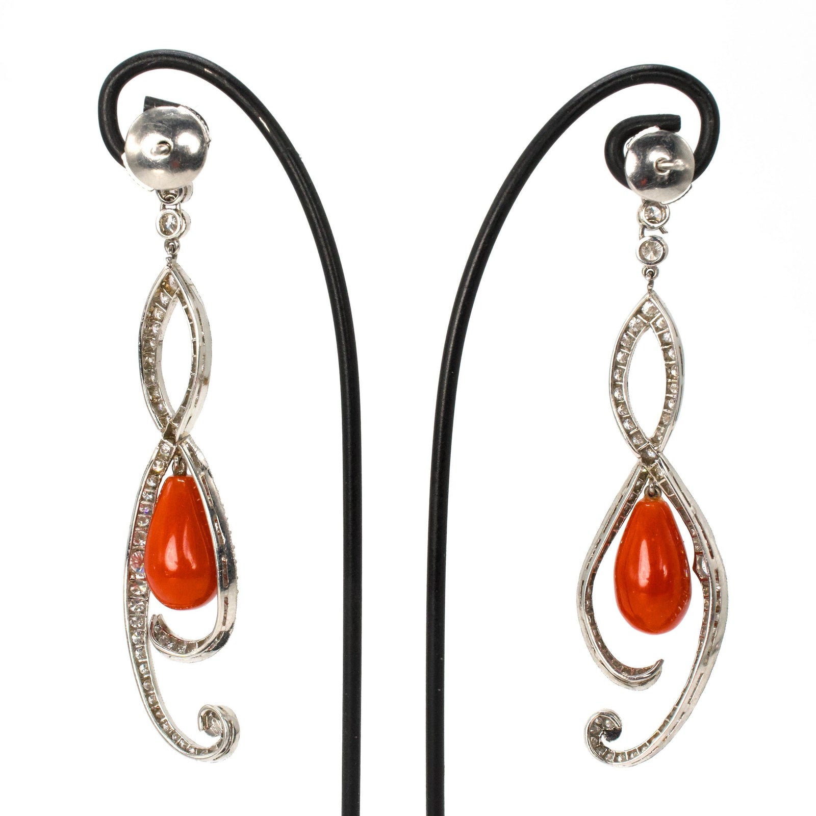 Vintage Platinum and Diamond Drop Earrings with Teardrop Shaped Natural Red Coral
