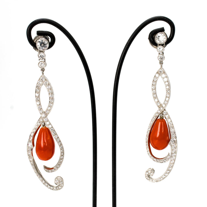Vintage Platinum and Diamond Drop Earrings with Teardrop Shaped Natural Red Coral
