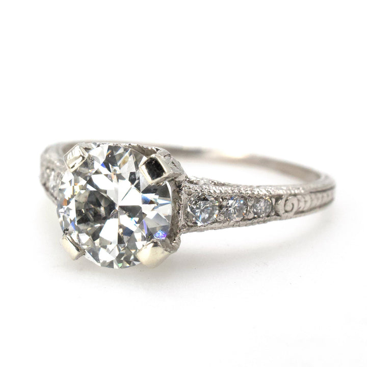 Art Deco Diamond Accented Platinum Solitaire with 1.20 Carat Transition Cut Diamond