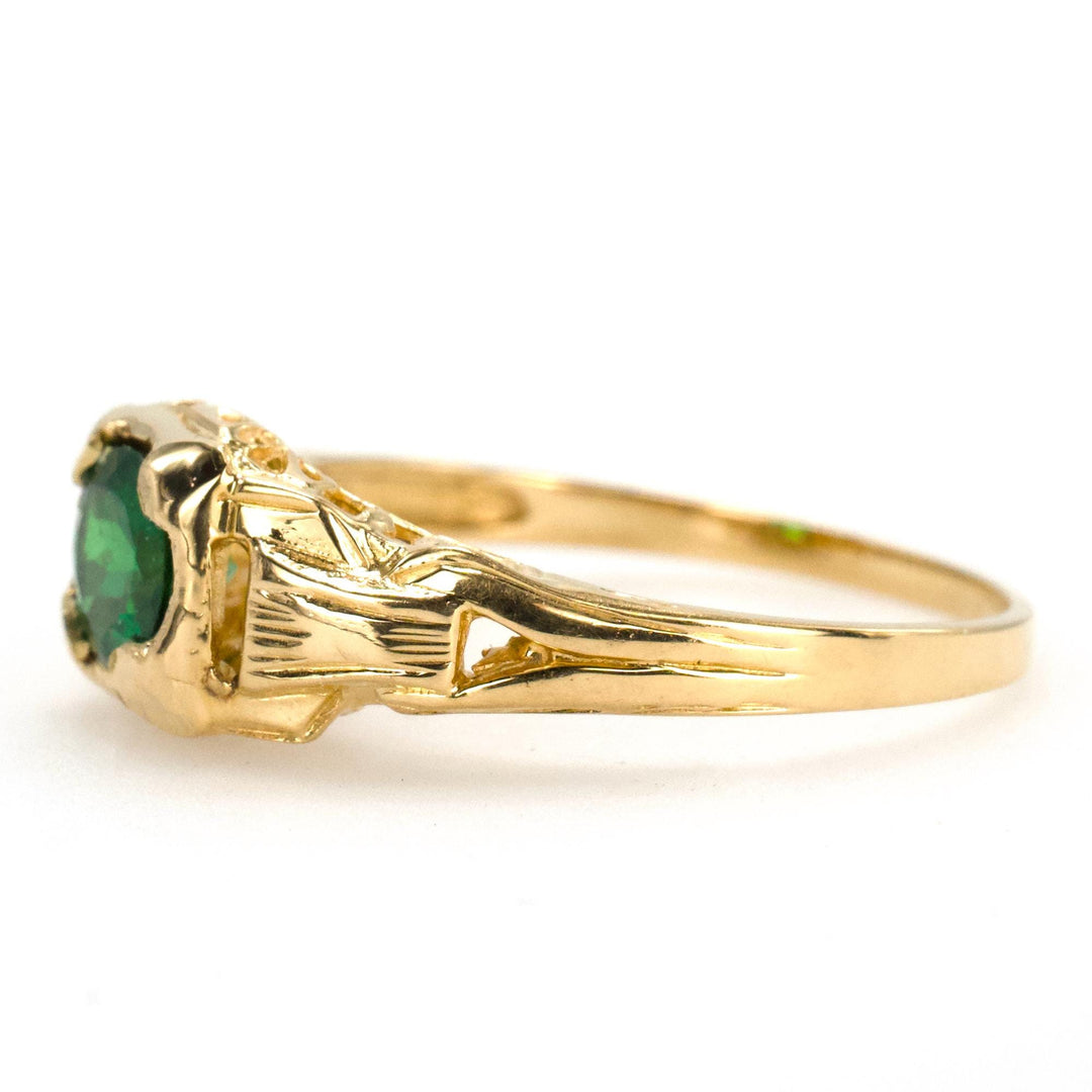 18K Gold Art Deco Hinge Style Solitaire Ring with Green Tsavorite Garnet