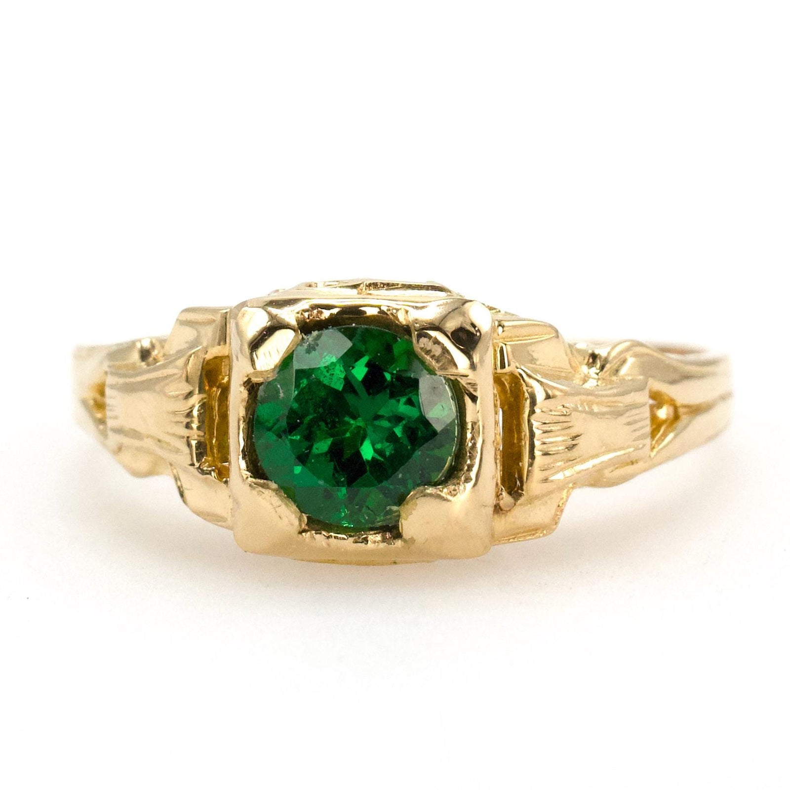 18K Gold Art Deco Hinge Style Solitaire Ring with Green Tsavorite Garnet
