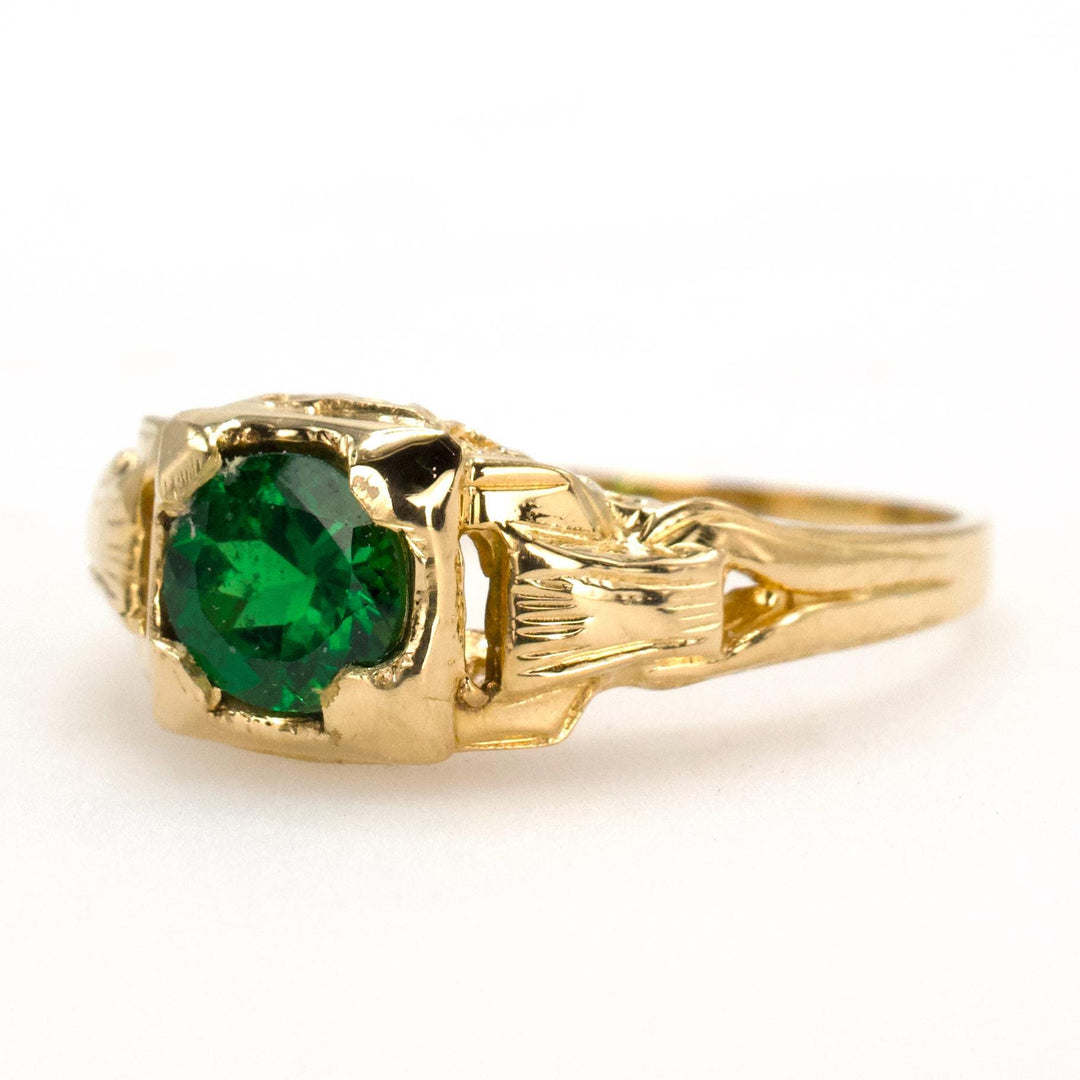 18K Gold Art Deco Hinge Style Solitaire Ring with Green Tsavorite Garnet