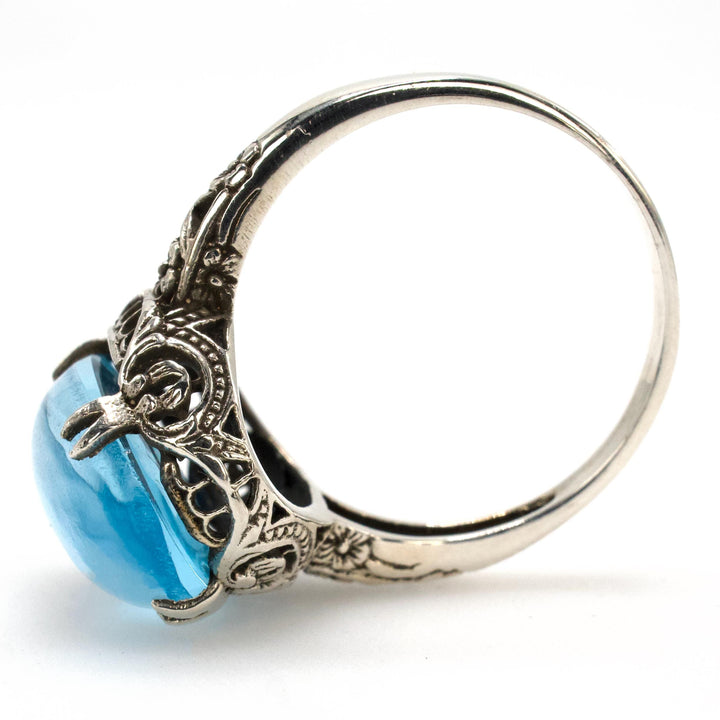 Estate Edwardian Style Filigree Solitaire in Sterling Silver with Cabochon Blue Topaz