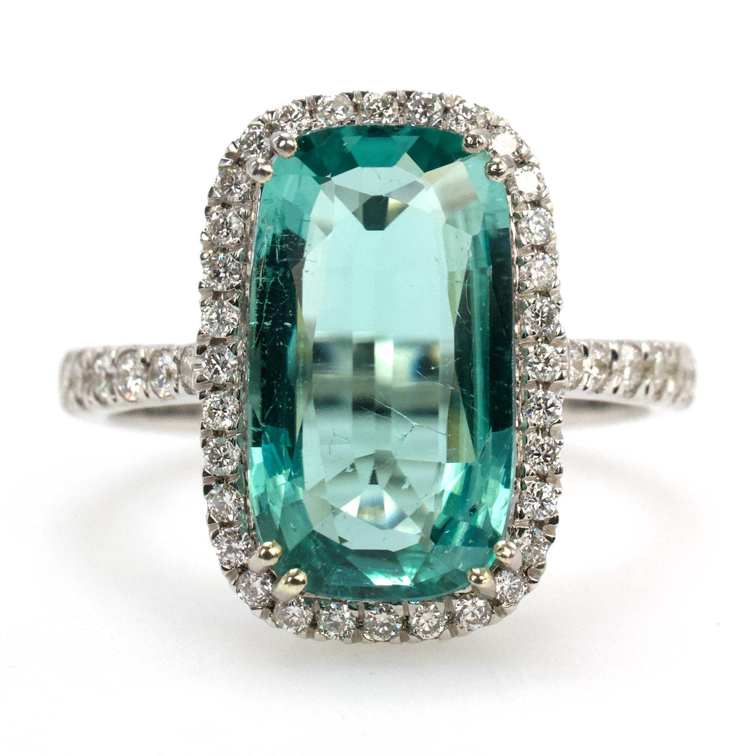 3.59 Carat Elongated Cushion Cut Lagoon Tourmaline Ring with Diamond Halo