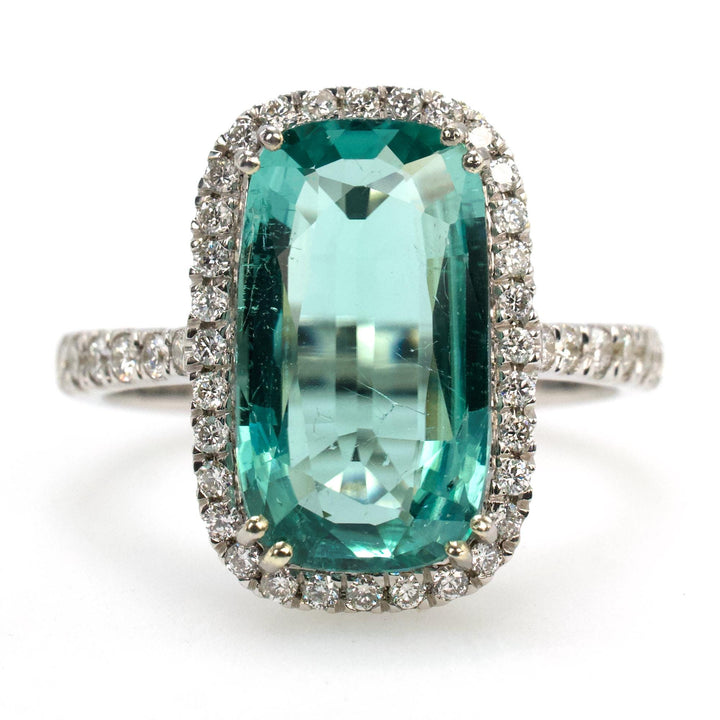 3.59 Carat Elongated Cushion Cut Lagoon Tourmaline Ring with Diamond Halo