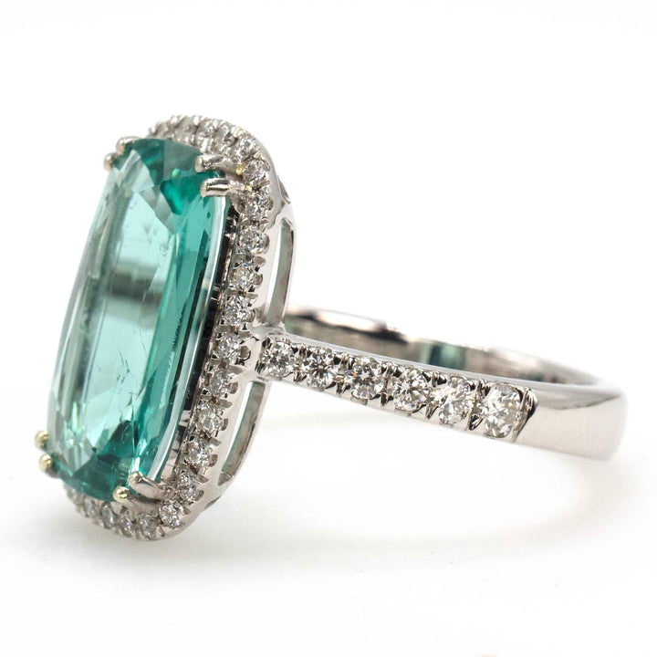 3.59 Carat Elongated Cushion Cut Lagoon Tourmaline Ring with Diamond Halo