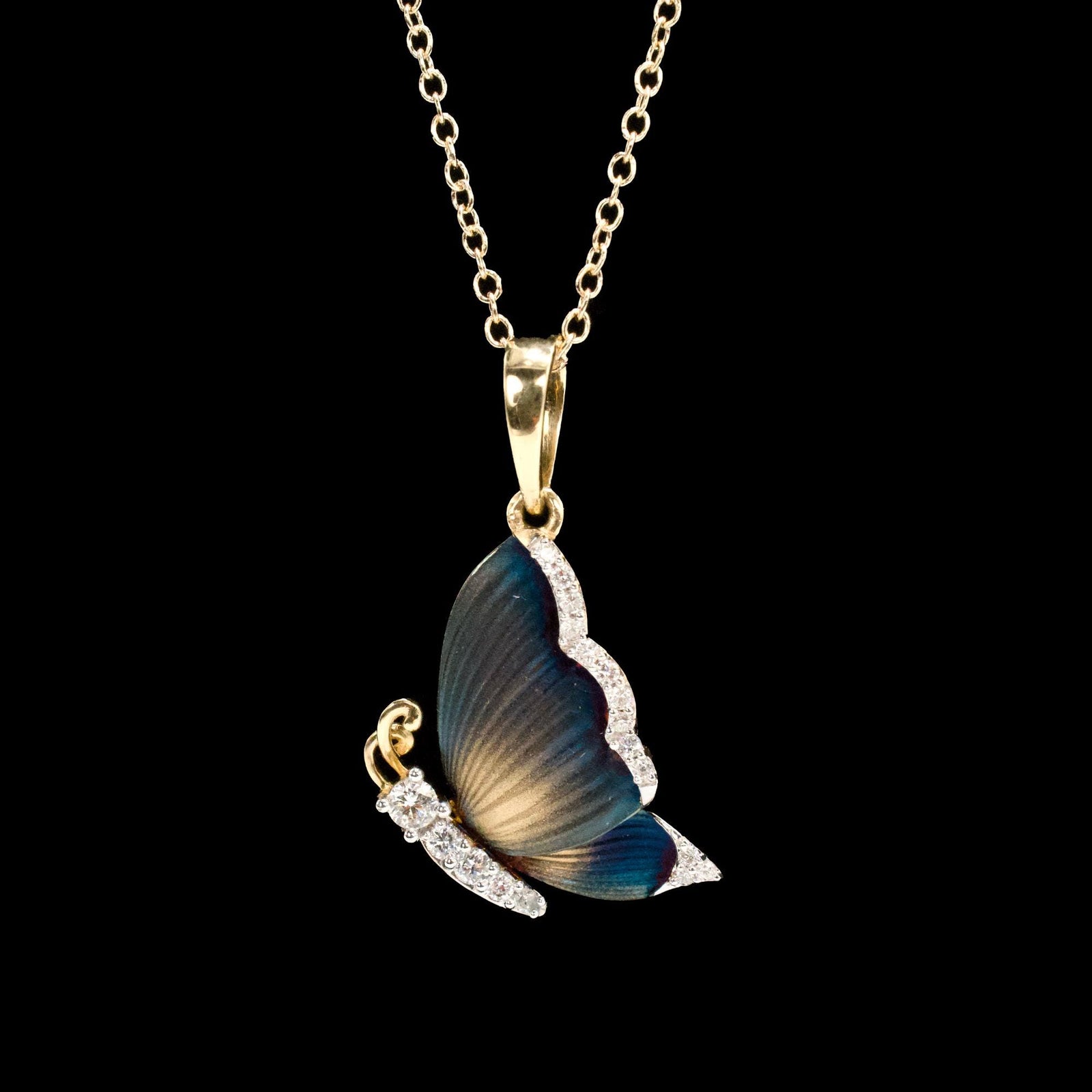 Yellow Gold and Diamond Butterfly Necklace with Machined Enamel