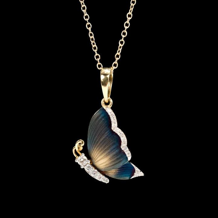 Yellow Gold and Diamond Butterfly Necklace with Machined Enamel