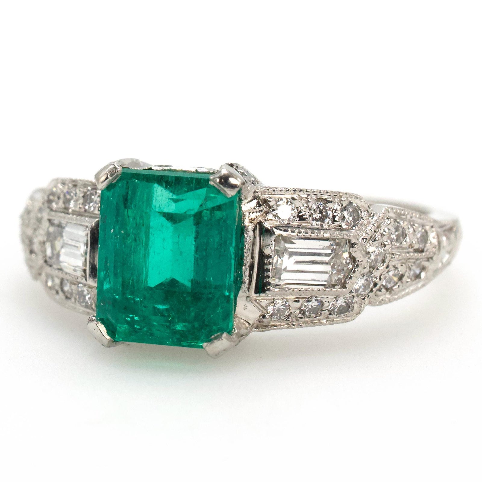 Art Deco Style GIA® 1.78 Carat Colombian Emerald and Diamond Engagement Ring in Platinum