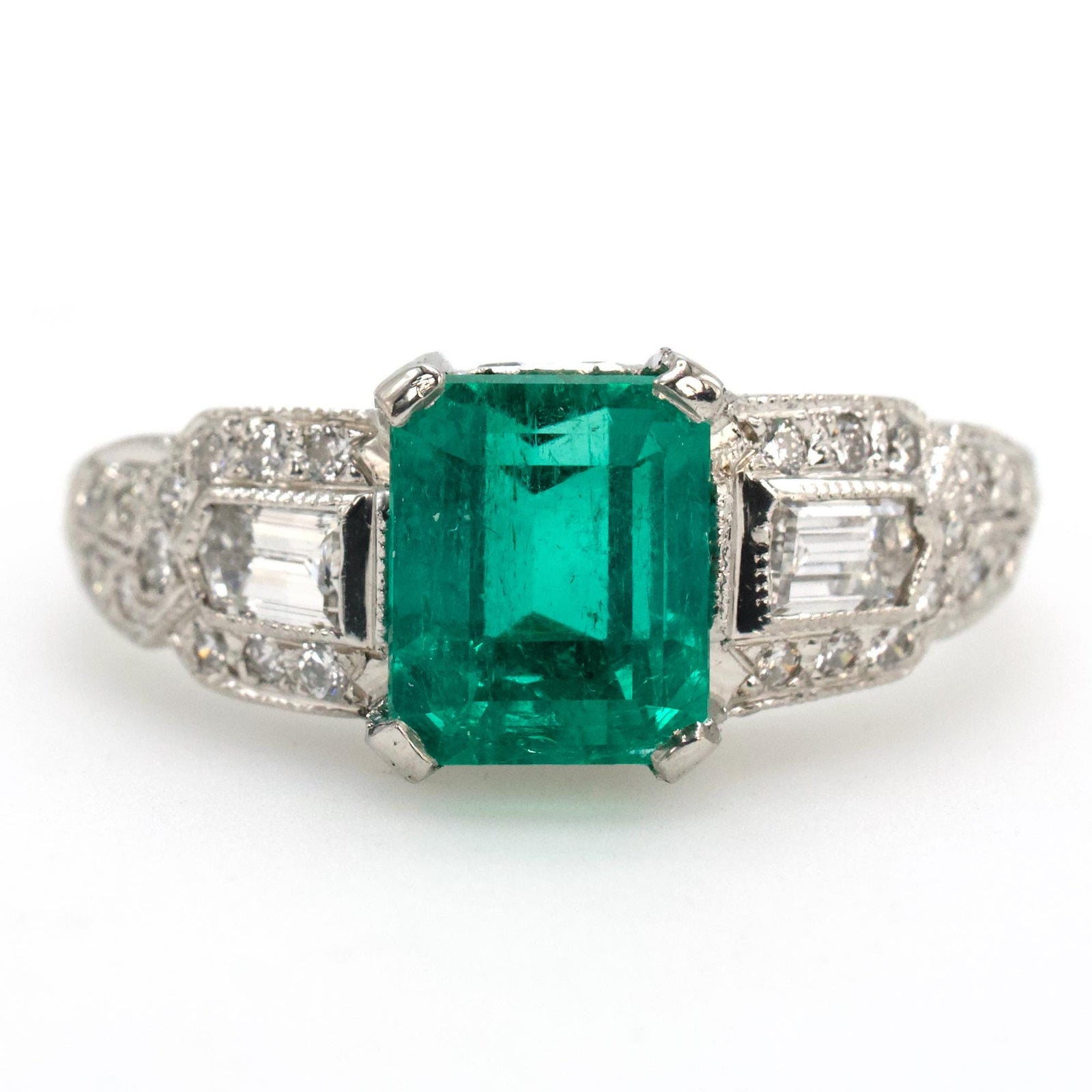 Art Deco Style GIA® 1.78 Carat Colombian Emerald and Diamond Engagement Ring in Platinum
