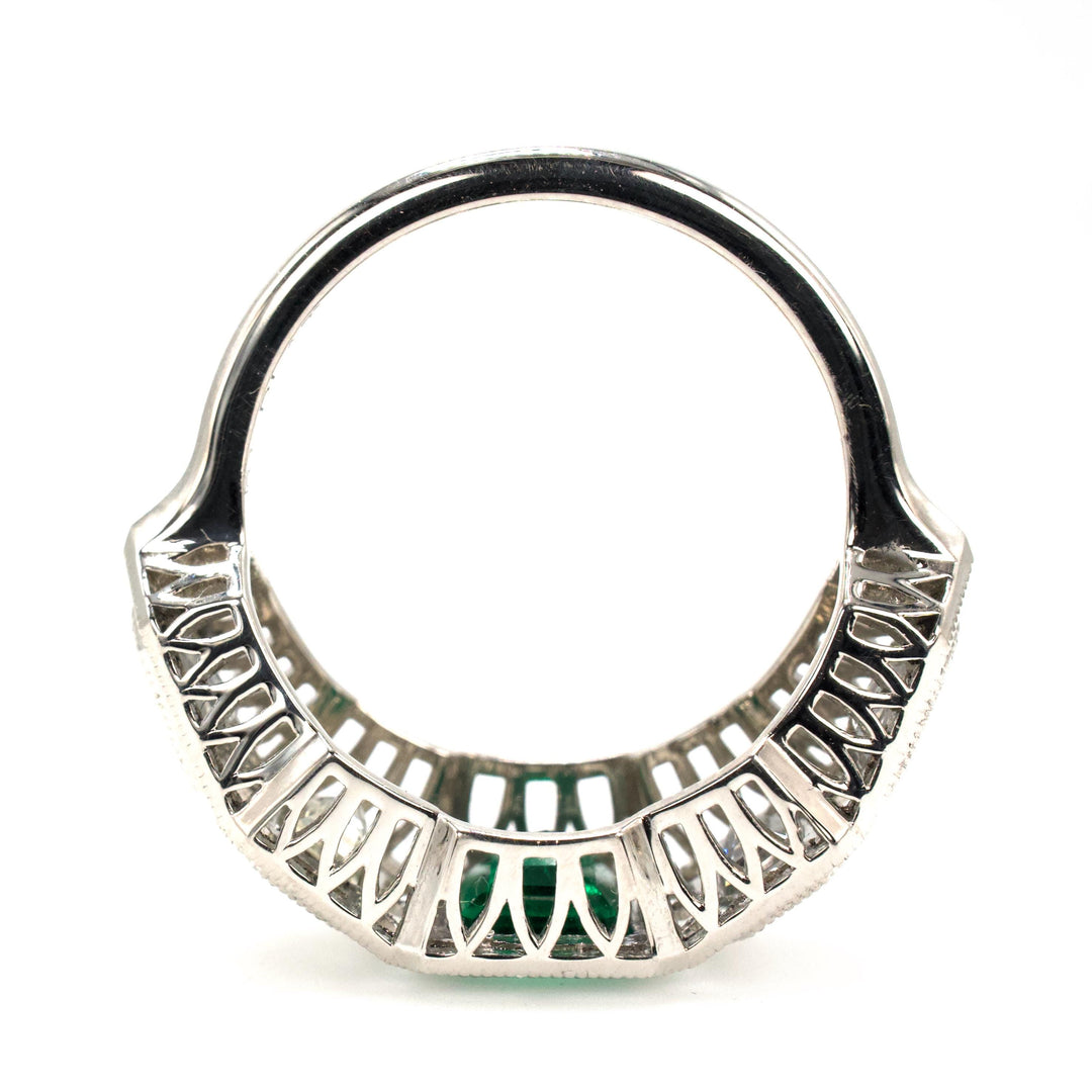 Art Deco Inspired GIA® Emerald and Diamond Ring with Bullet and Emerald Cut Diamonds