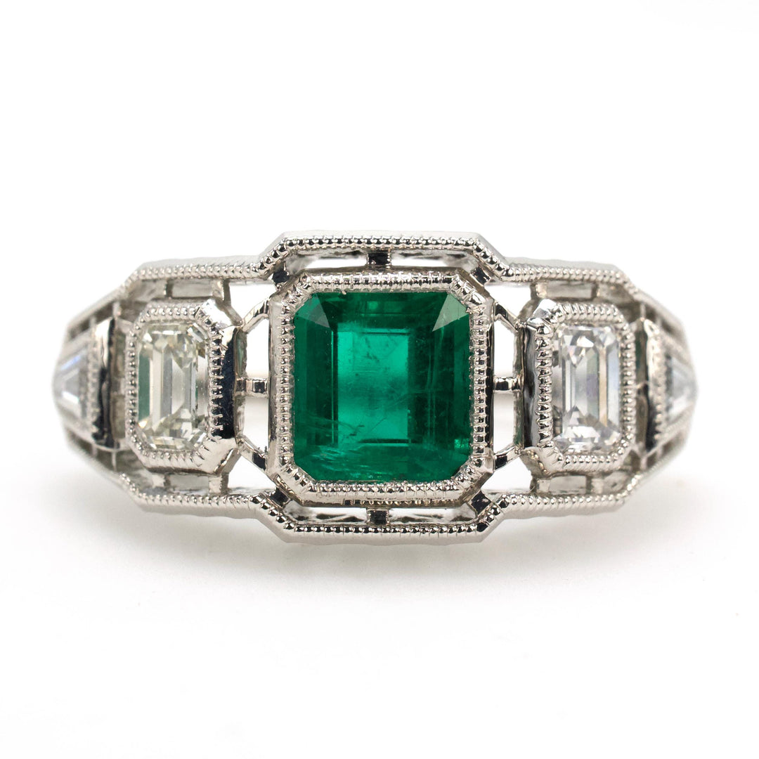 Art Deco Inspired GIA® Emerald and Diamond Ring with Bullet and Emerald Cut Diamonds