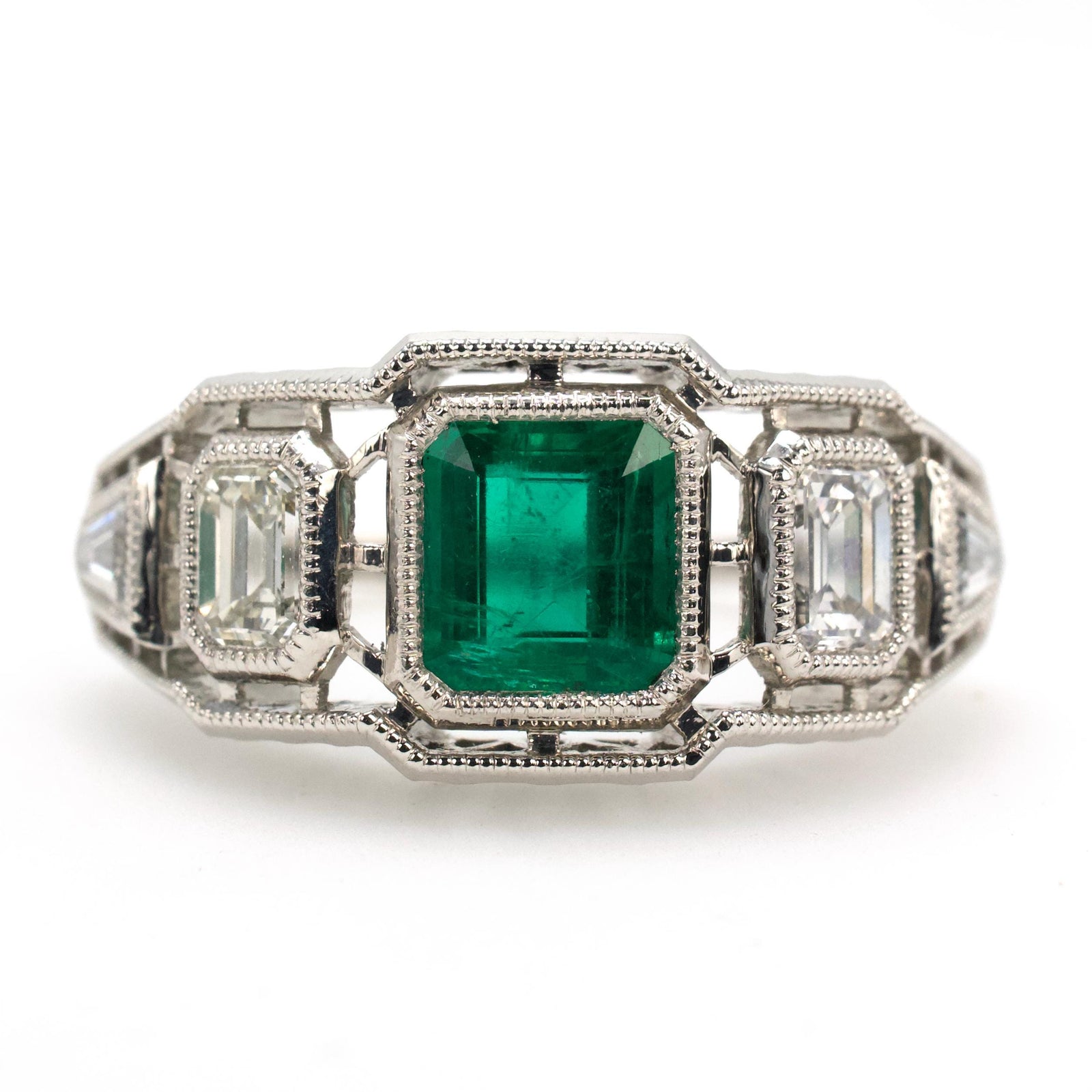 Art Deco Inspired GIA® Emerald and Diamond Ring with Bullet and Emerald Cut Diamonds