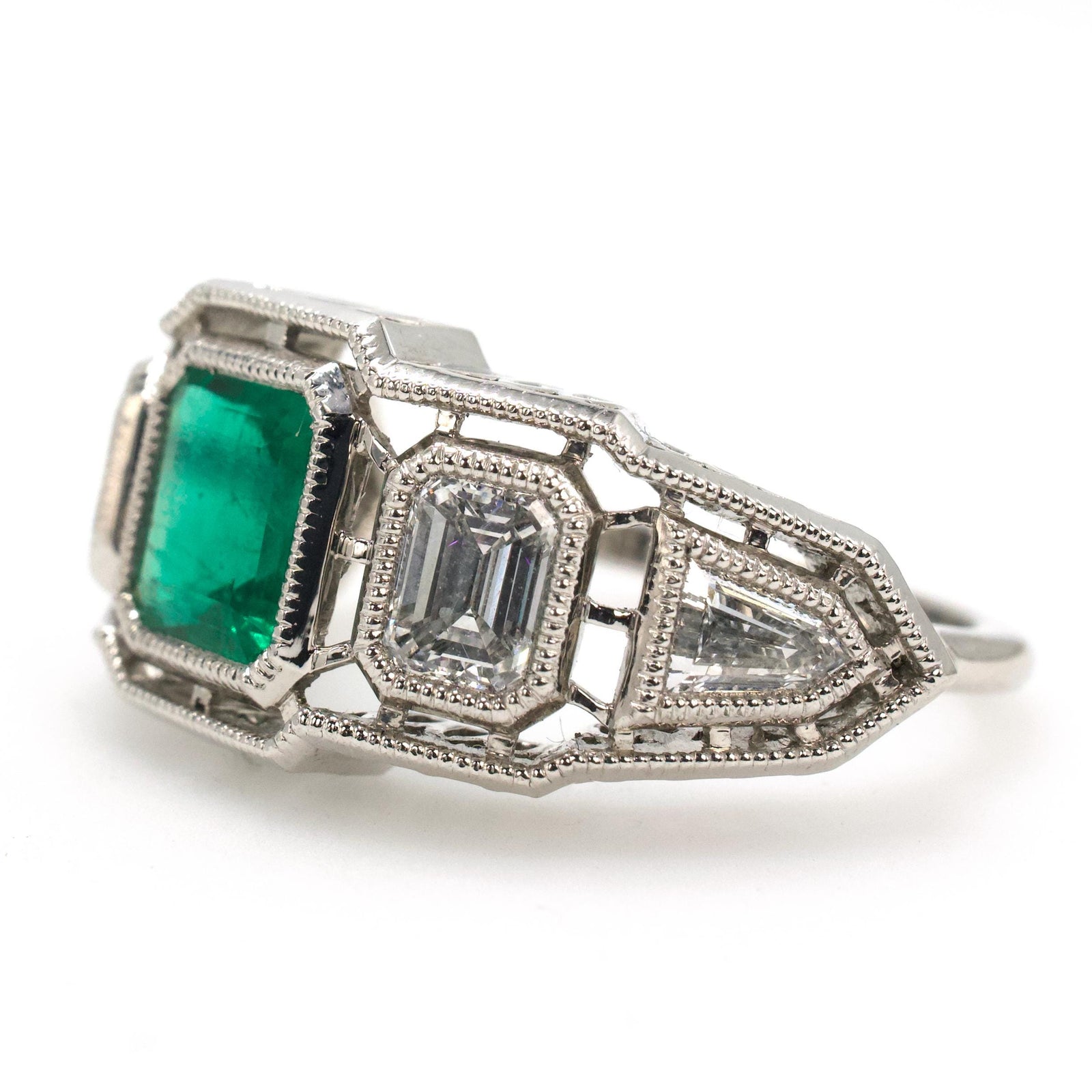 Art Deco Inspired GIA® Emerald and Diamond Ring with Bullet and Emerald Cut Diamonds
