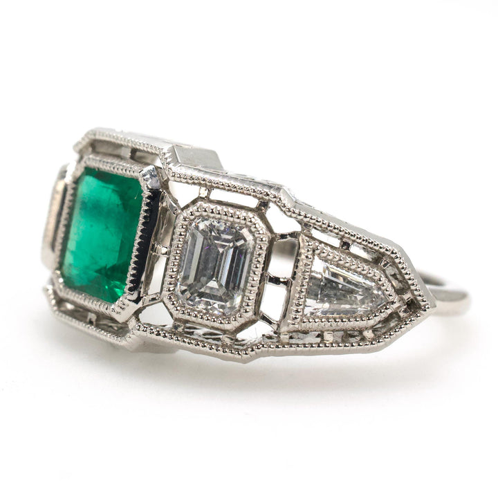Art Deco Inspired GIA® Emerald and Diamond Ring with Bullet and Emerald Cut Diamonds
