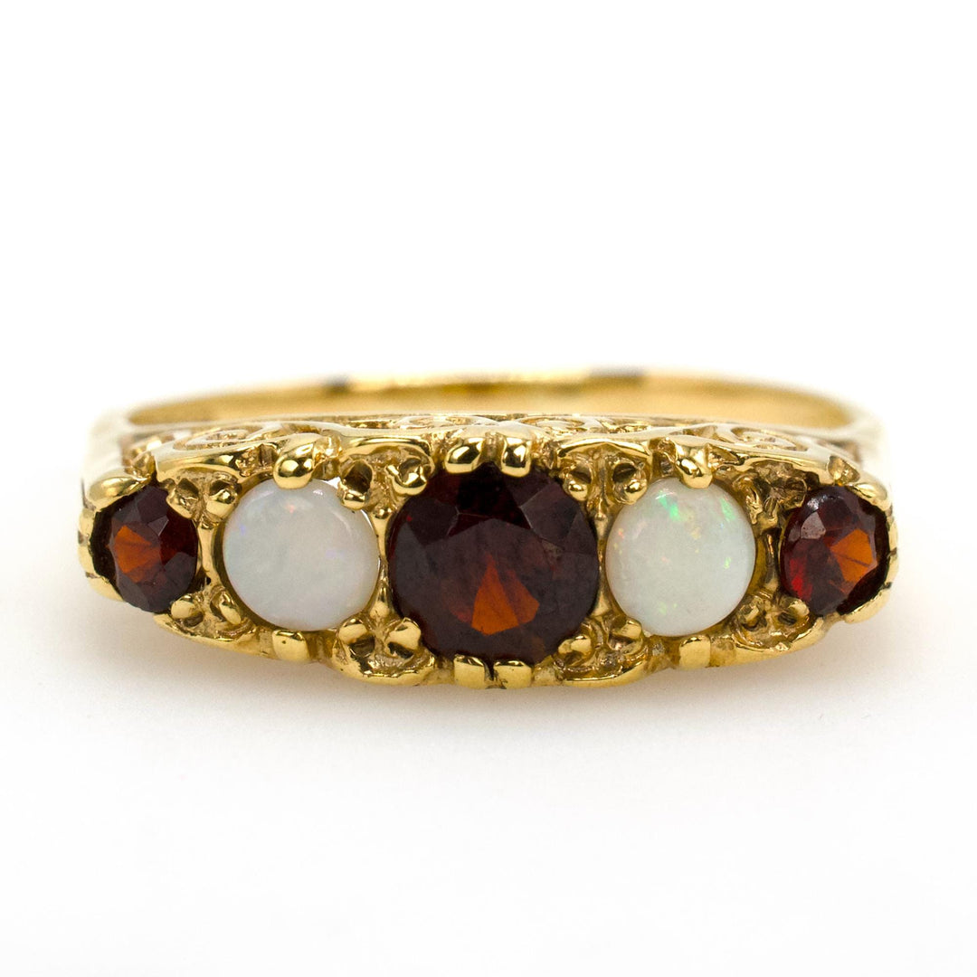 Victorian Style 9K Gold Garnet and Opal Five Stone Band