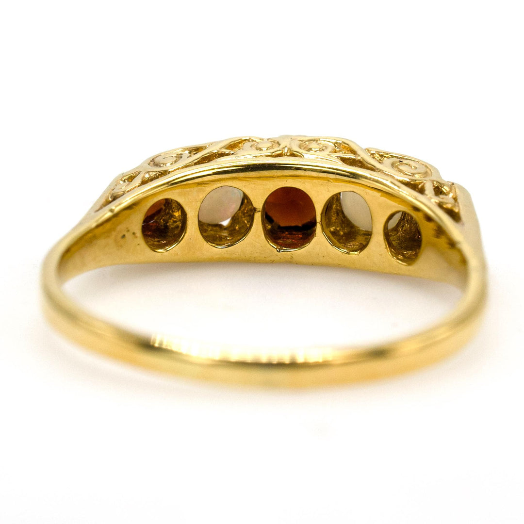 Victorian Style 9K Gold Garnet and Opal Five Stone Band