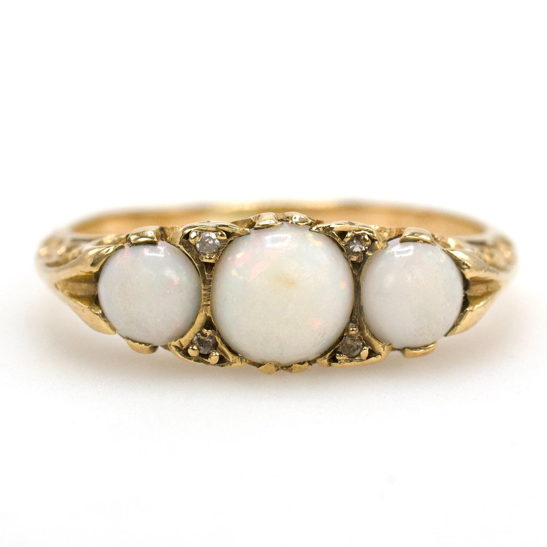 Victorian Three Stone White Opal Ring in 18K Yellow Gold