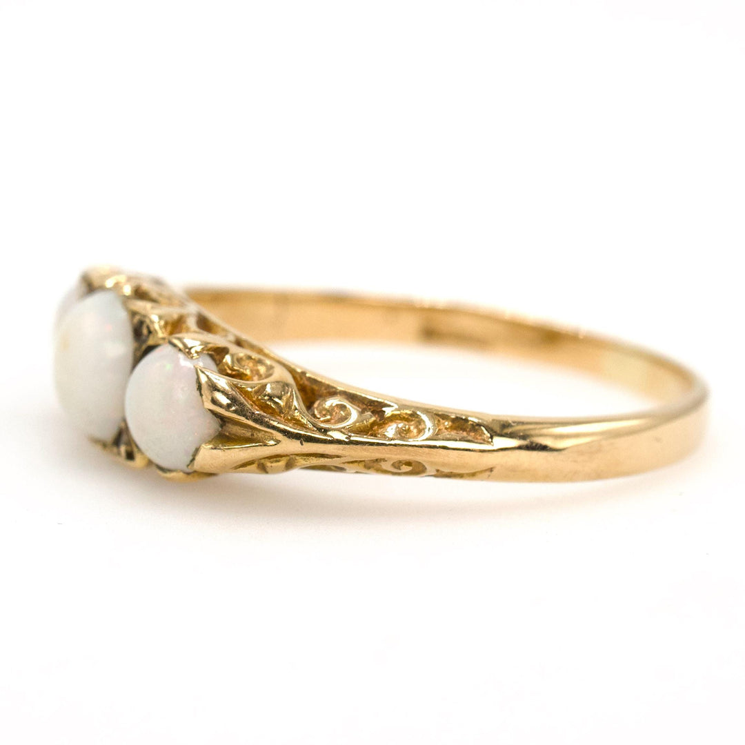Victorian Three Stone White Opal Ring in 18K Yellow Gold
