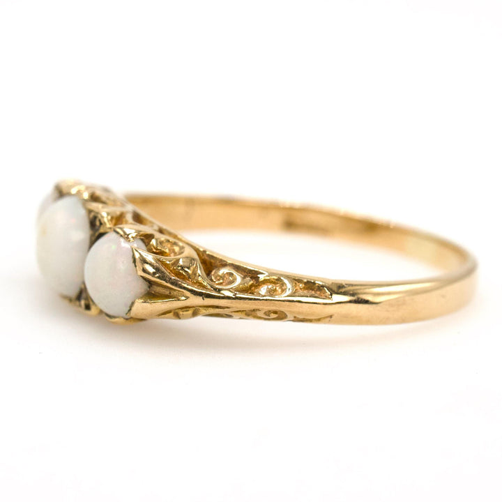 Victorian Three Stone White Opal Ring in 18K Yellow Gold