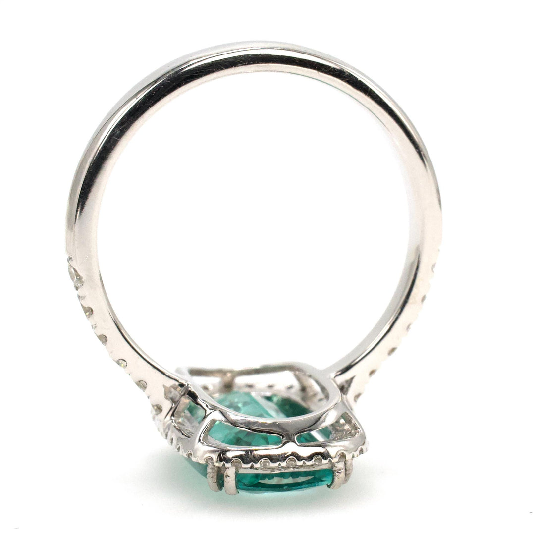 3.59 Carat Elongated Cushion Cut Lagoon Tourmaline Ring with Diamond Halo