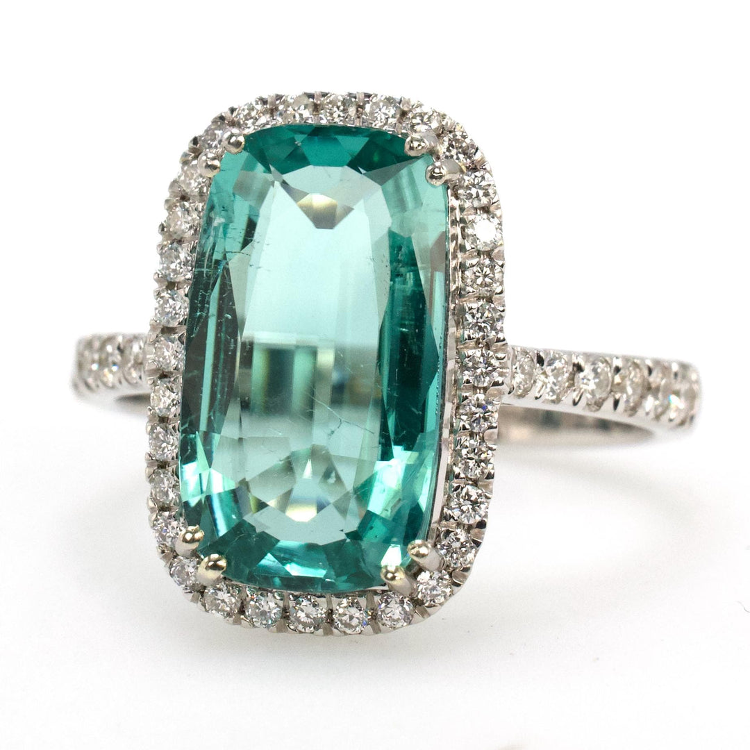3.59 Carat Elongated Cushion Cut Lagoon Tourmaline Ring with Diamond Halo