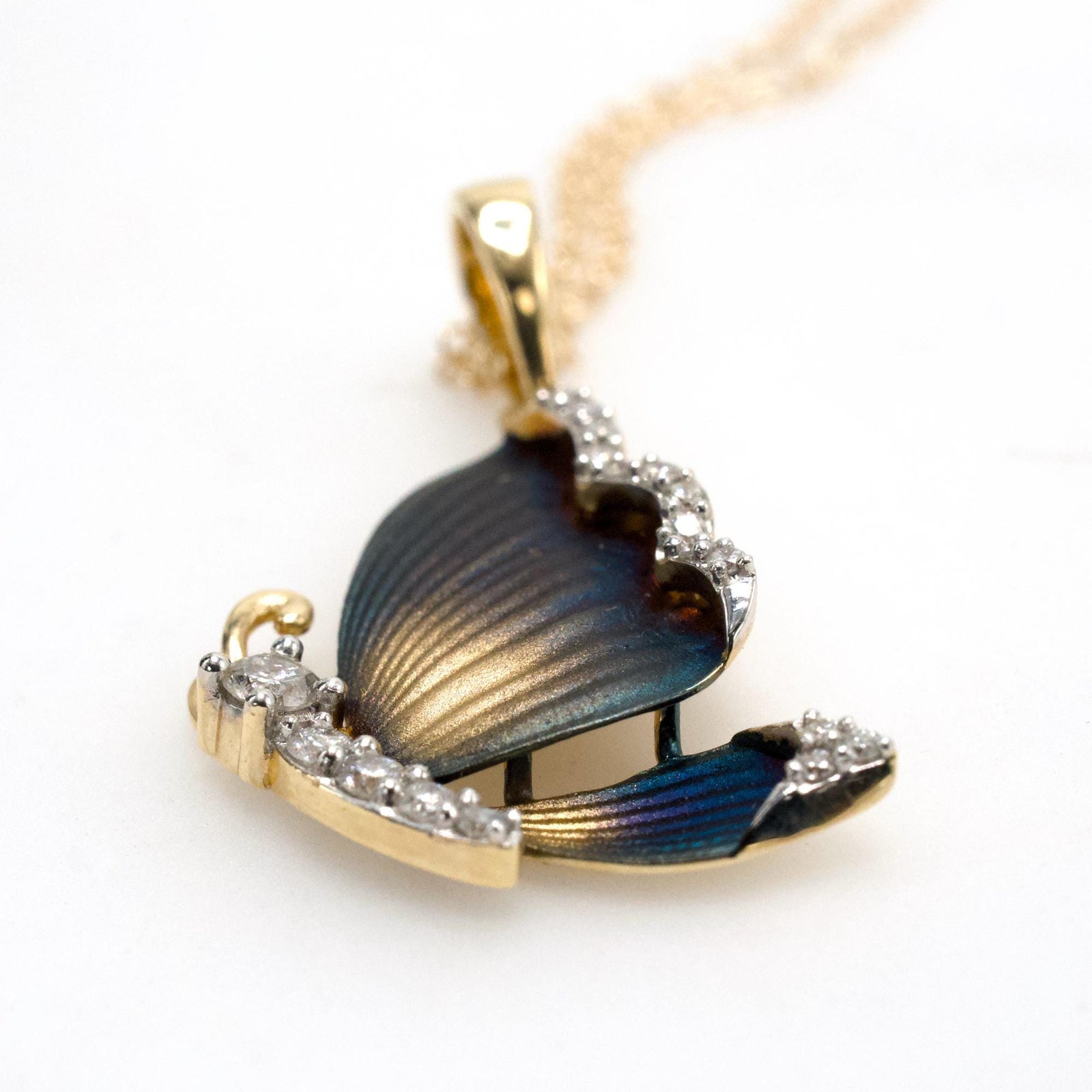 Yellow Gold and Diamond Butterfly Necklace with Machined Enamel