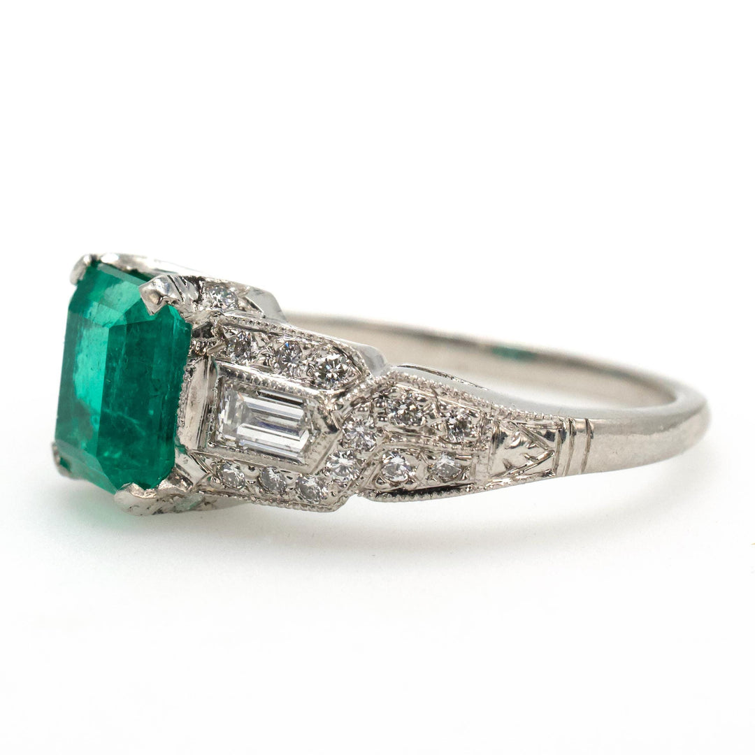Art Deco Style GIA® 1.78 Carat Colombian Emerald and Diamond Engagement Ring in Platinum