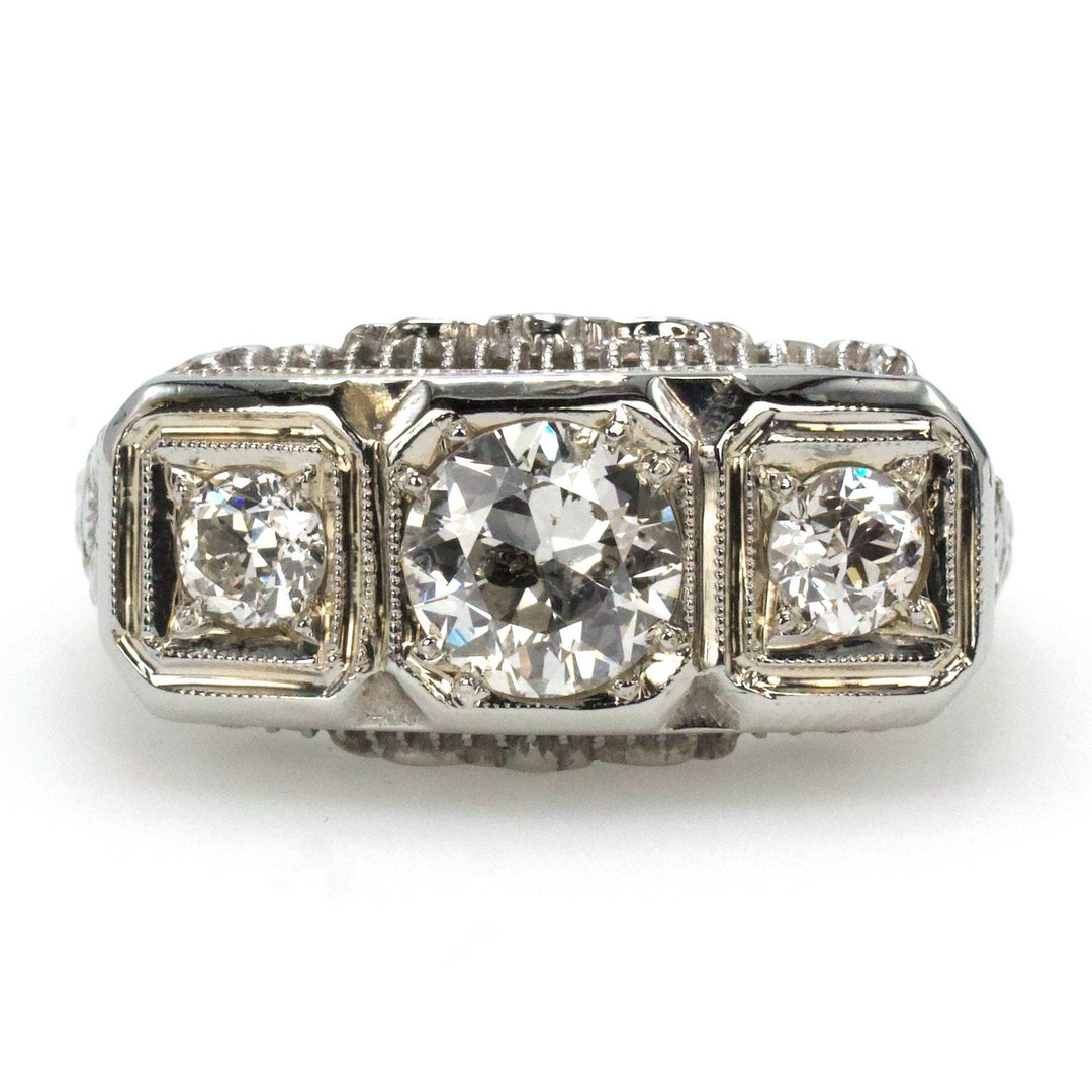 Edwardian Three Stone Engagement Ring with Filigree and European Cut Diamonds