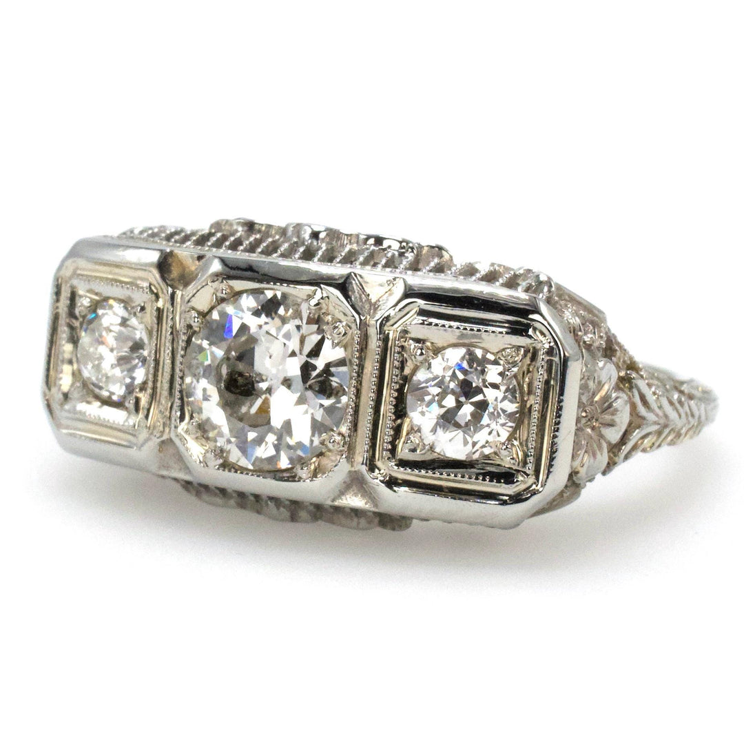 Edwardian Three Stone Engagement Ring with Filigree and European Cut Diamonds