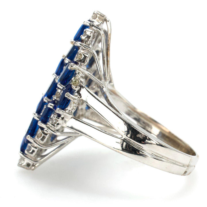 Large Lozenge Shaped Cluster Ring with Blue Glass and Diamonds