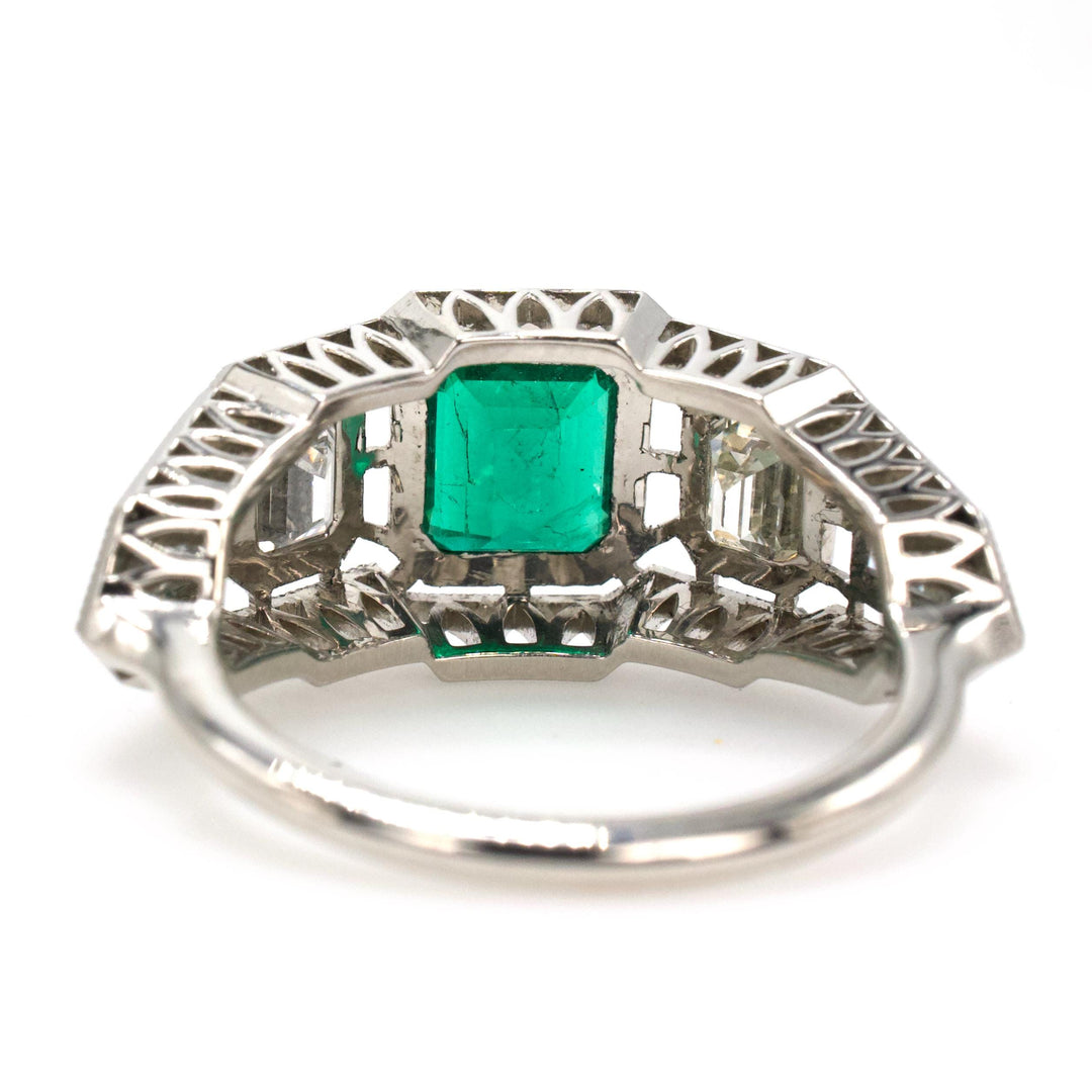 Art Deco Inspired GIA® Emerald and Diamond Ring with Bullet and Emerald Cut Diamonds