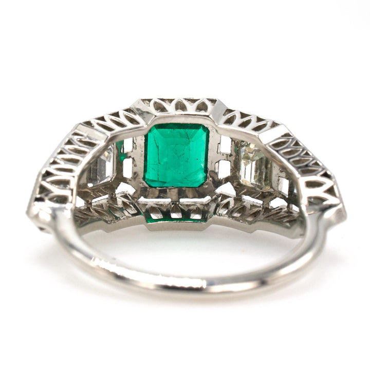 Art Deco Inspired GIA® Emerald and Diamond Ring with Bullet and Emerald Cut Diamonds
