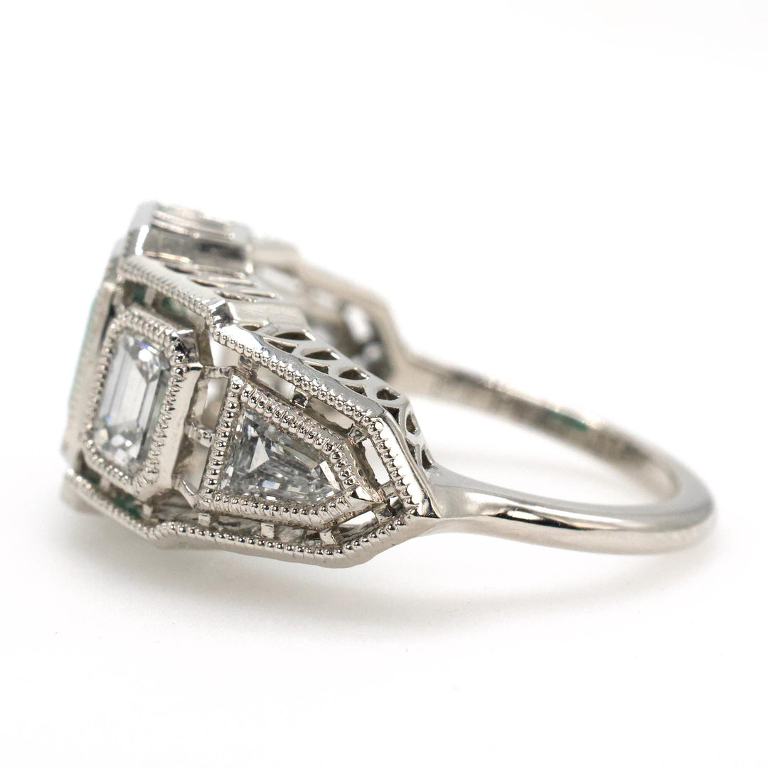 Art Deco Inspired GIA® Emerald and Diamond Ring with Bullet and Emerald Cut Diamonds