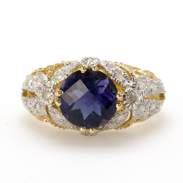 1.50 Carat Round Iolite in Two Tone Gold Art Deco Inspired Diamond Accented Ring