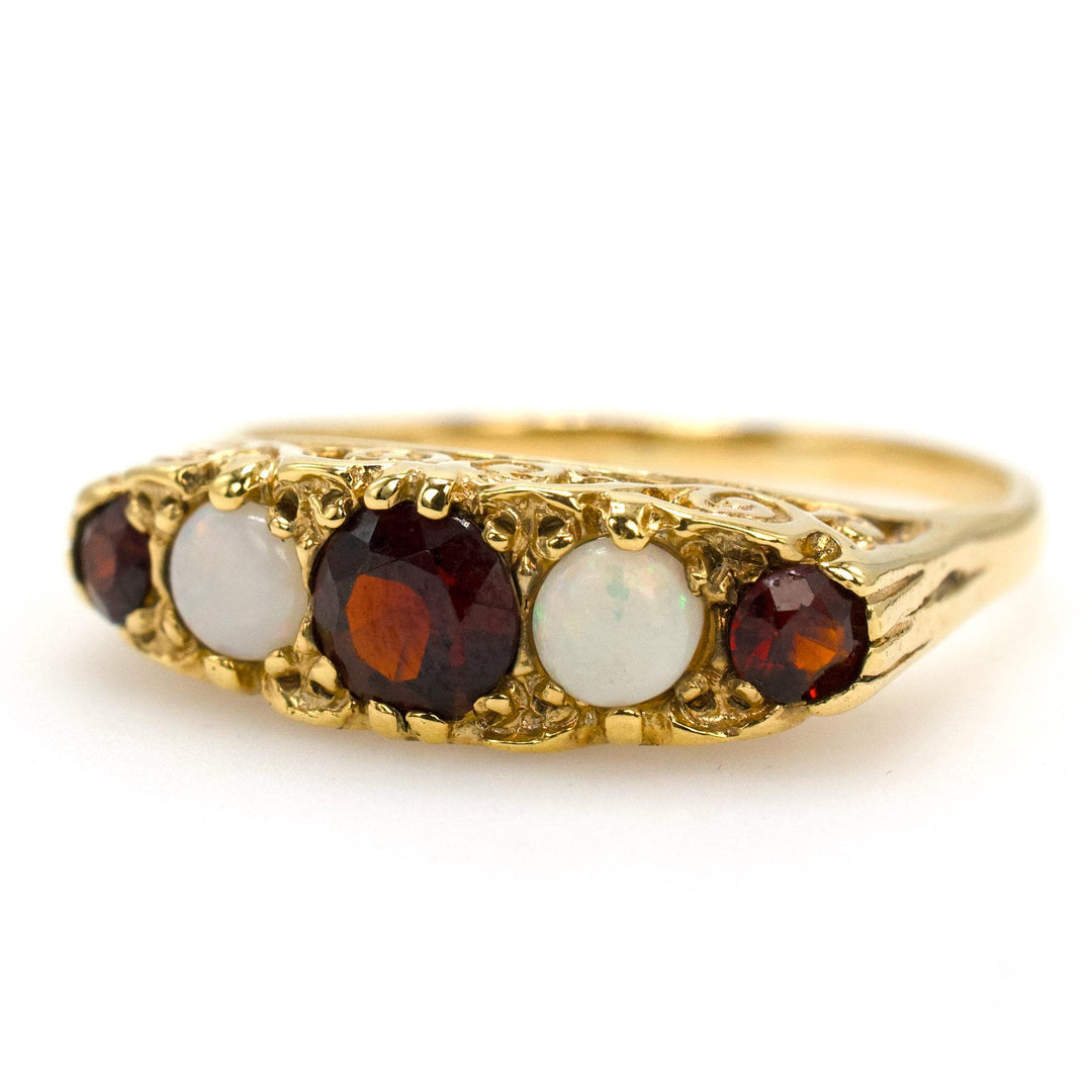 Victorian Style 9K Gold Garnet and Opal Five Stone Band