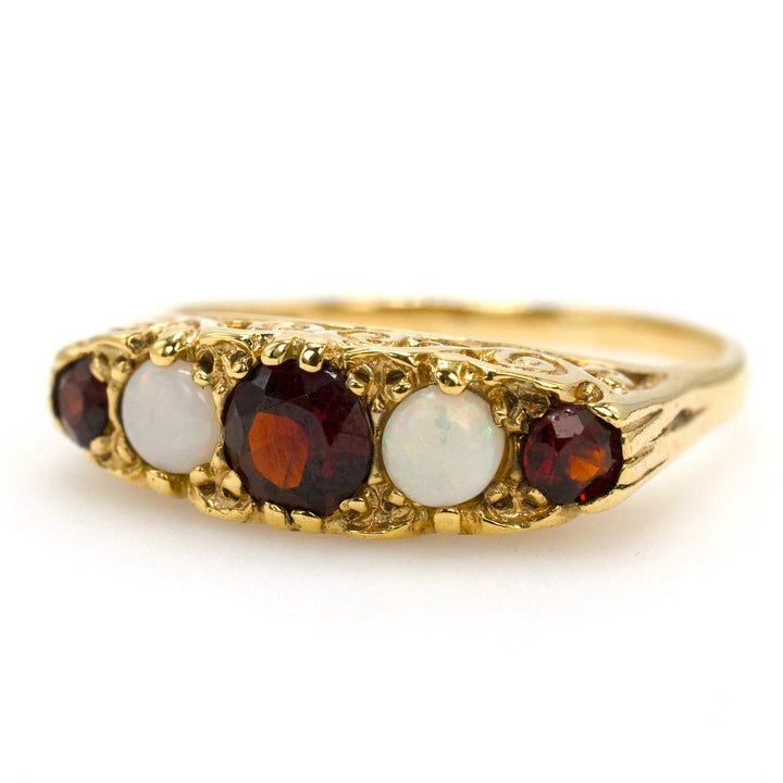 Victorian Style 9K Gold Garnet and Opal Five Stone Band