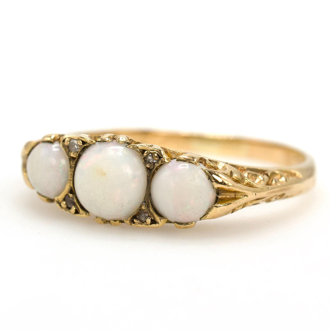Victorian Three Stone White Opal Ring in 18K Yellow Gold