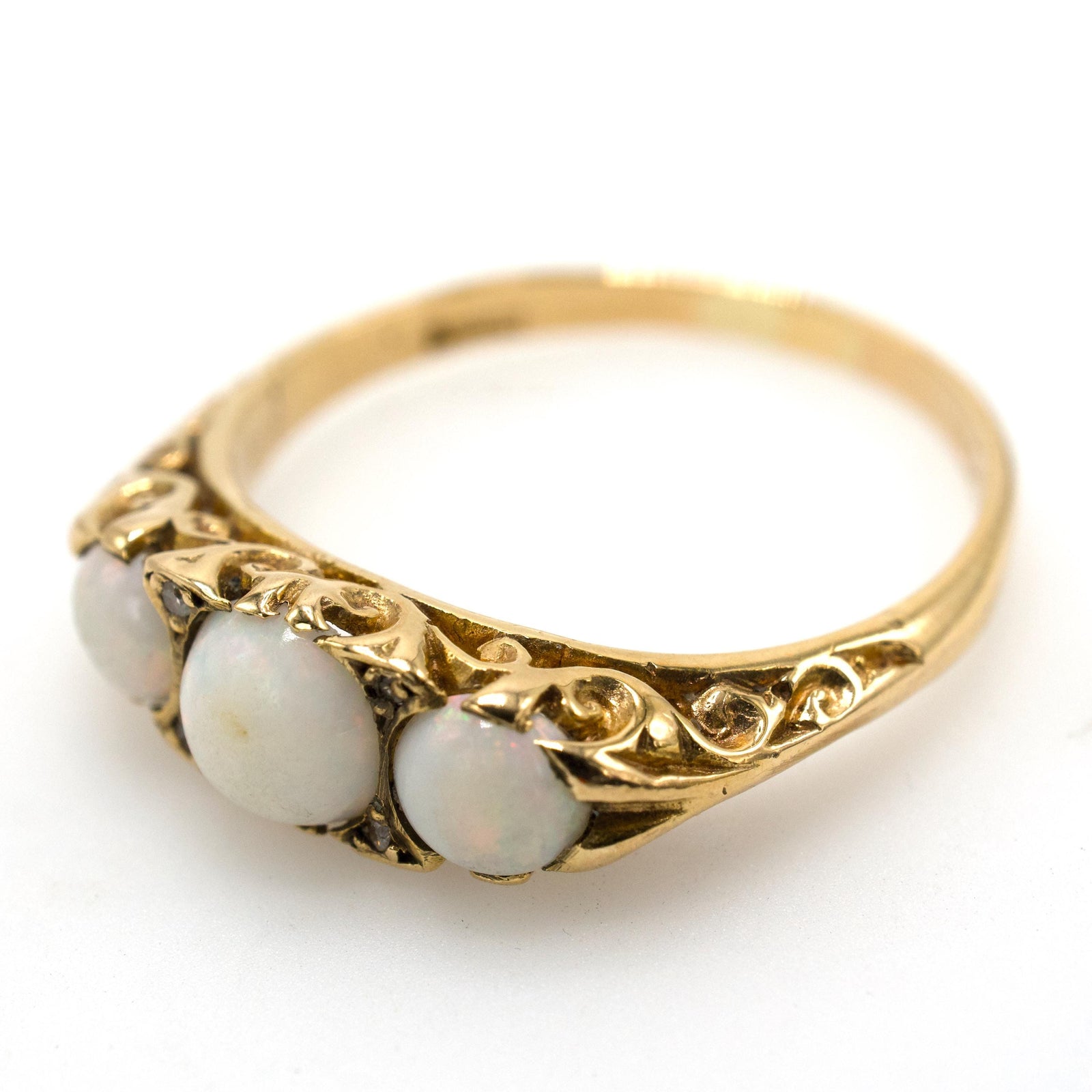 Victorian Three Stone White Opal Ring in 18K Yellow Gold